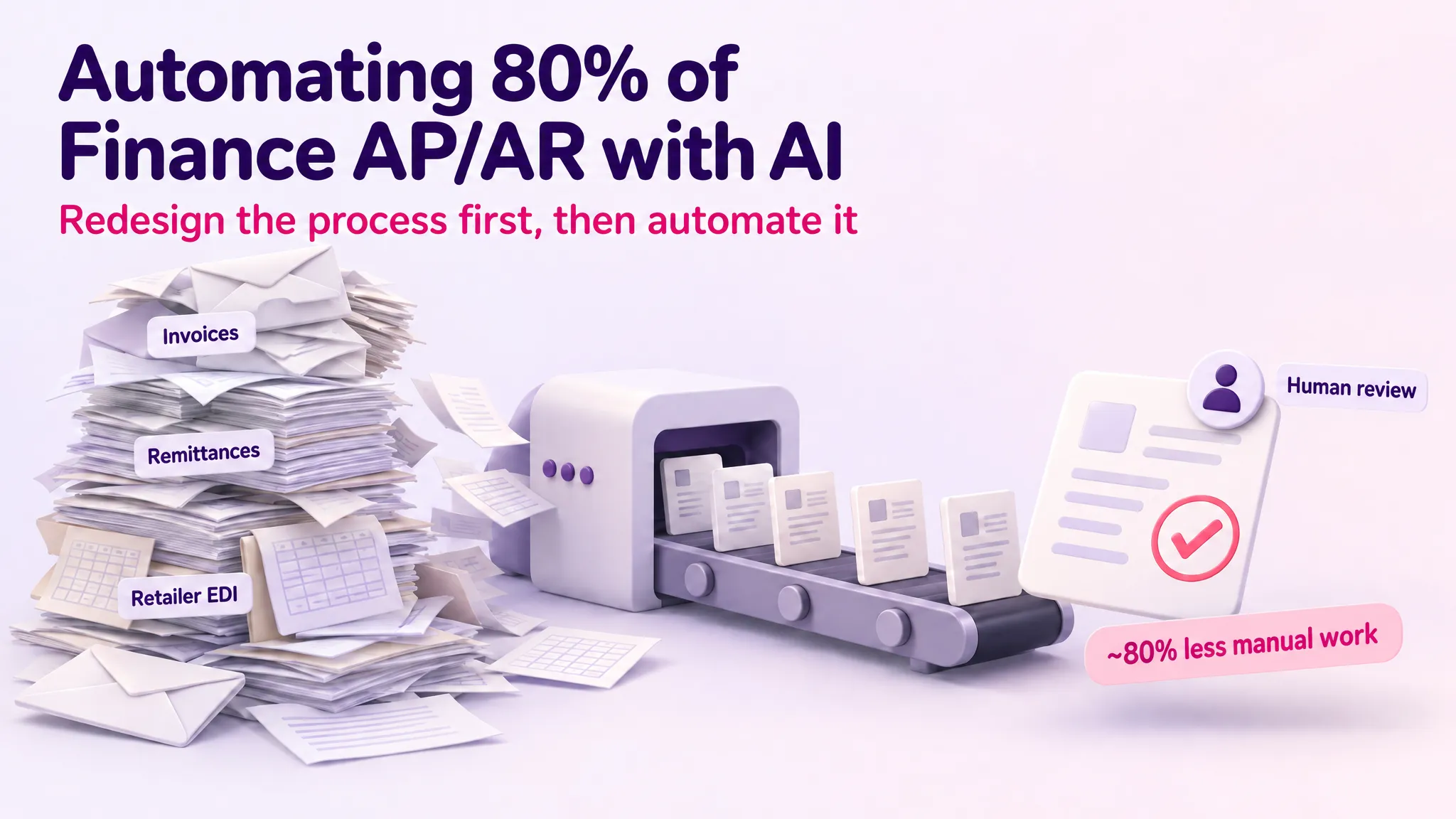 Automating 80% of Finance AP/AR with AI — a messy pile of invoices, remittances and retailer EDI files goes through an automated sorting machine into tidy drafts, with a reviewer approving the final one