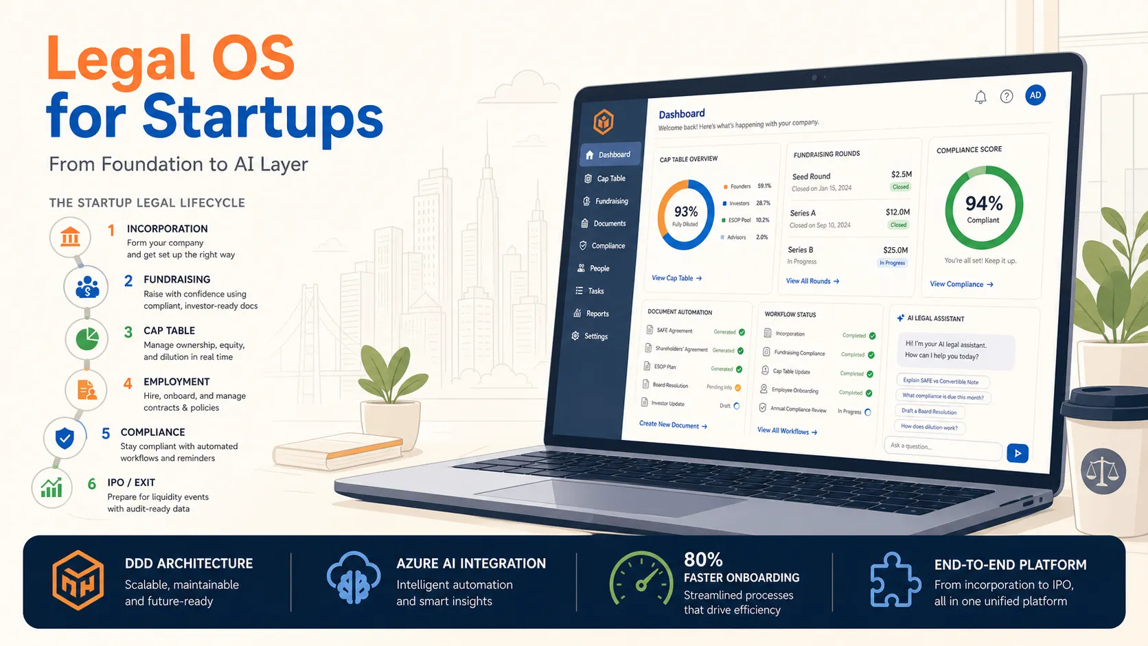 Building a Legal OS for Startups — the startup legal lifecycle (incorporation, fundraising, cap table, employment, compliance), an AI legal assistant, and the underlying tech (DDD architecture, Azure AI integration, 80% faster onboarding, end-to-end platform, Angular + .NET)
