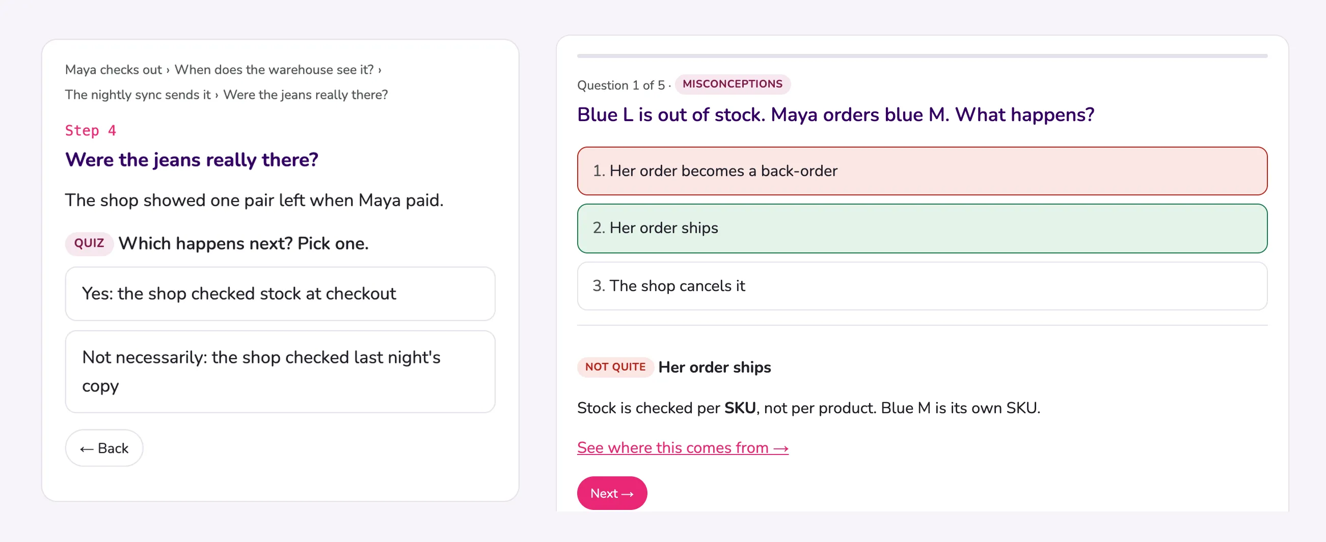 Testing yourself in the learning-lenses app. Left, the Walkthrough lens stops at a decision point: the shop showed one pair of jeans left when Maya paid, so were they really there? Right, the Quiz lens on a misconception: blue L is out of stock and Maya orders blue M; the wrong answer, back-order, is marked, because stock is checked per SKU