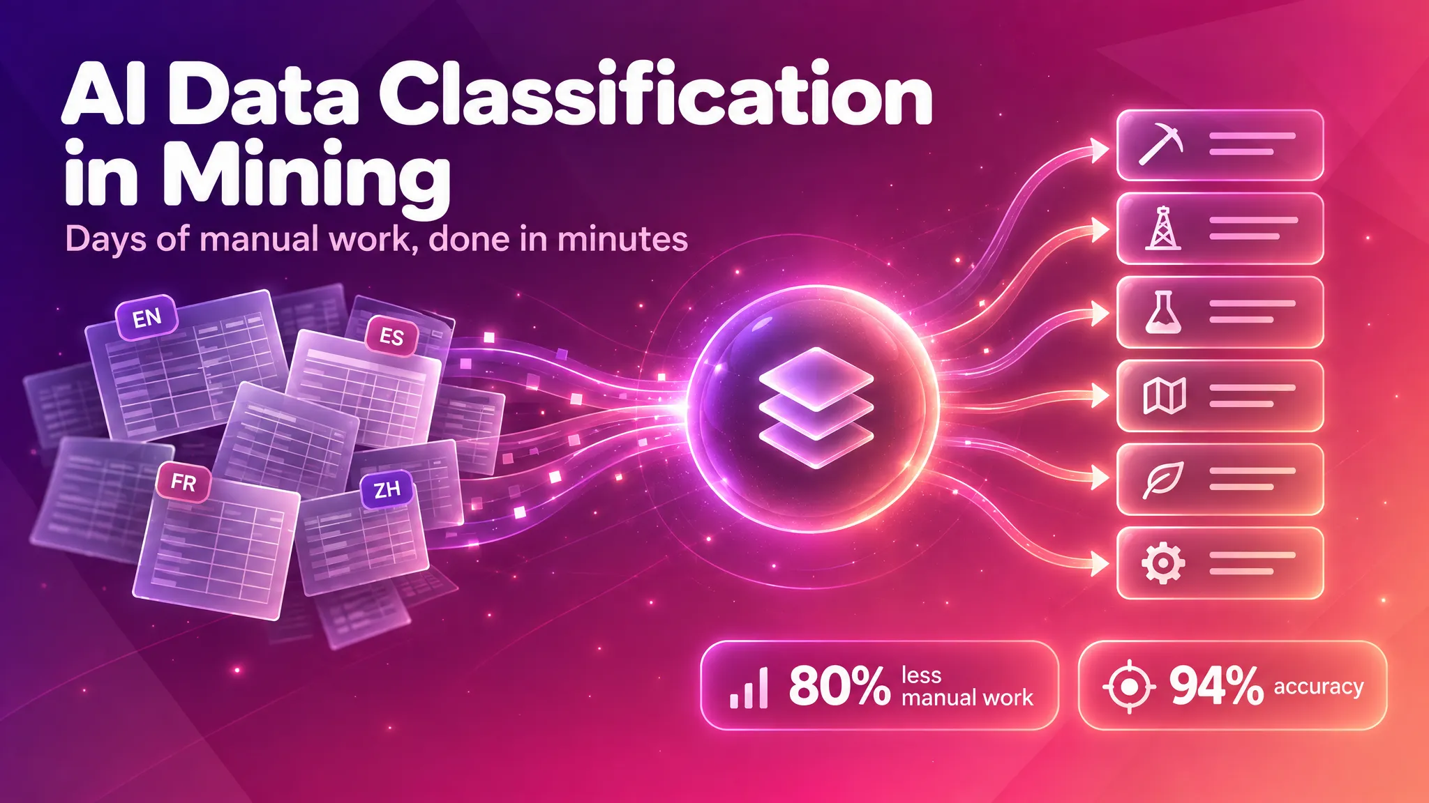 AI Data Classification in Mining — multilingual spreadsheets flowing through one classifier into six sorted categories, with 80% less manual work and 94% accuracy