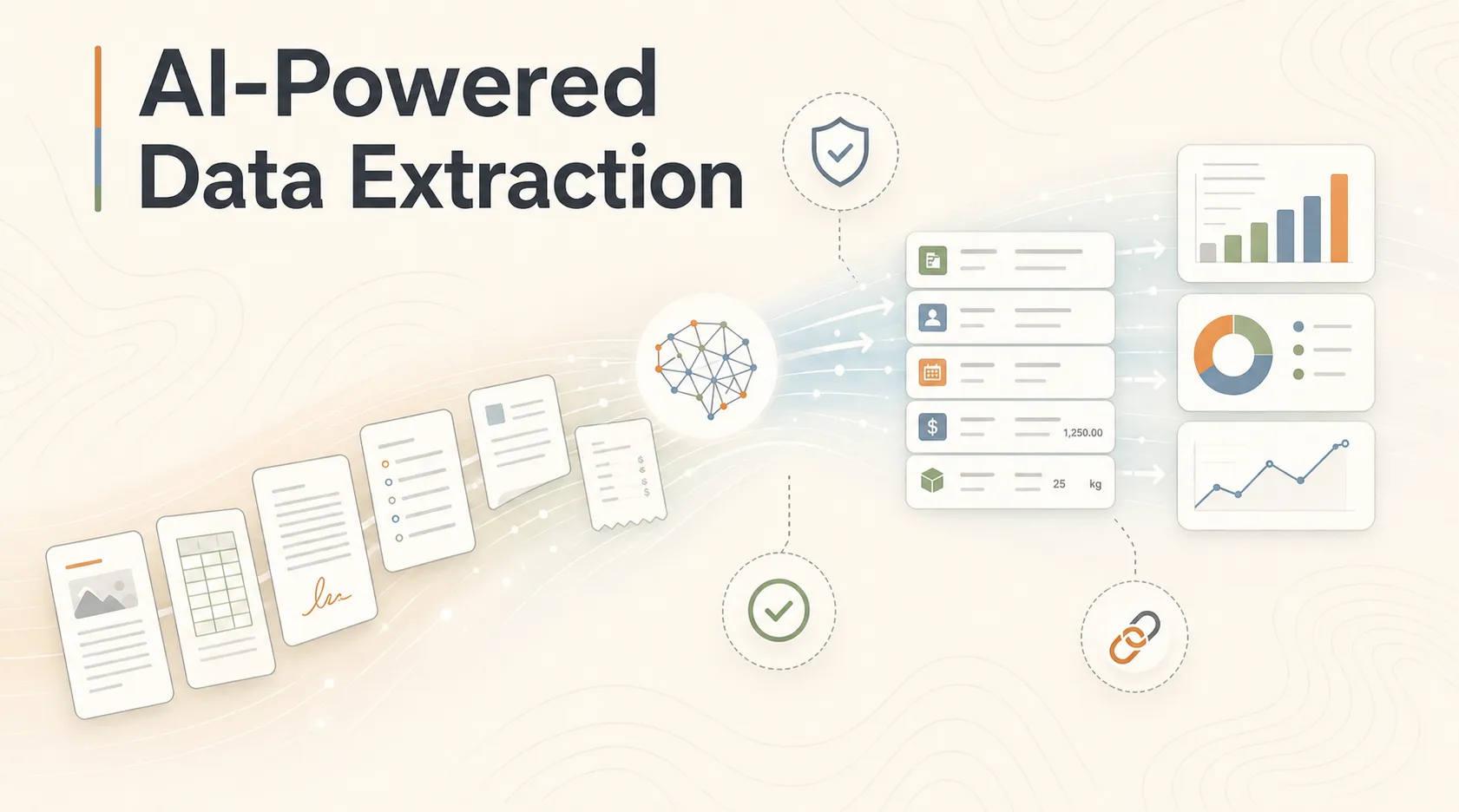 AI-powered data extraction — operational PDFs flowing through an AI layer into structured fields and analytics dashboards