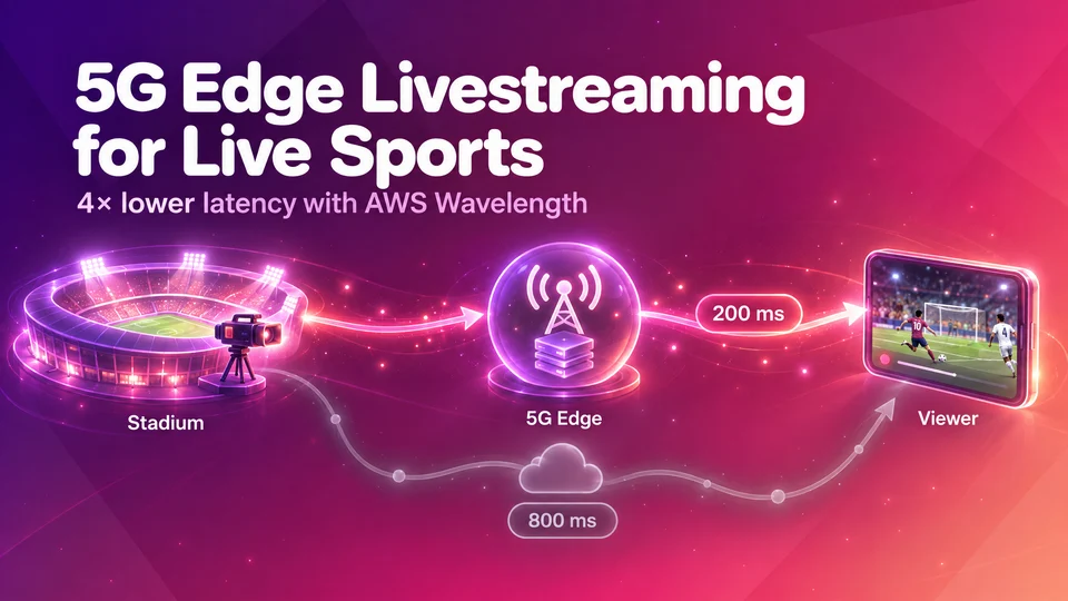 5G Edge Livestreaming for Live Sports — a stadium feed reaching a phone in 200 ms through a 5G edge node, versus 800 ms over the public internet