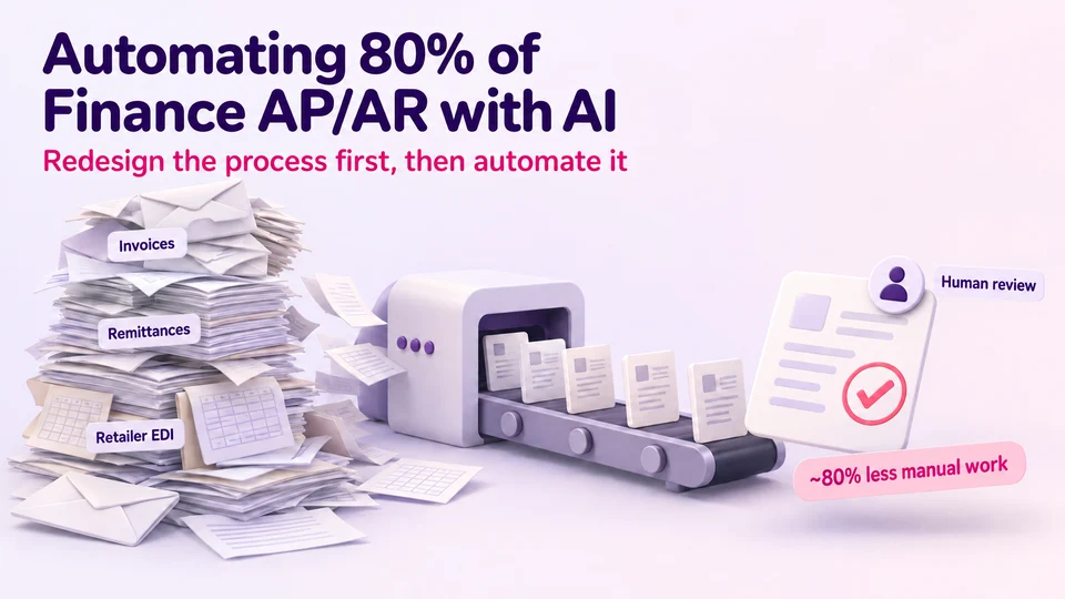 Automating 80% of Finance AP/AR with AI — a messy pile of invoices, remittances and retailer EDI files goes through an automated sorting machine into tidy drafts, with a reviewer approving the final one